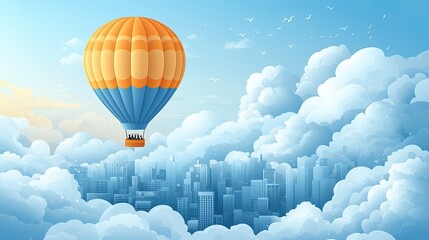 Fototapeta premium Colorful hot air balloon soaring above a city skyline surrounded by fluffy clouds at sunrise