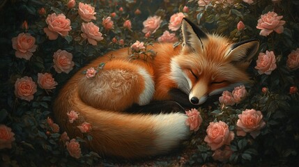 Obraz premium A Red Fox Sleeping Amidst Pink Roses