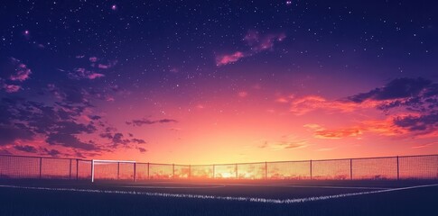Soccer field beneath a vibrant sky with stars and clouds