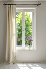 Sunlight streams through a window draped with a creamy curtain, illuminating a vase of lavender on the sill.