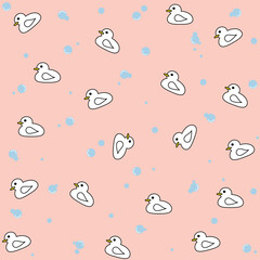 Pastel color cute cartoon duck or goose and bubble circle icon vector isolated seamless pattern on pink background. Texture for clothing, textiles, card, stationery, phone cases, paper gift, wallpaper
