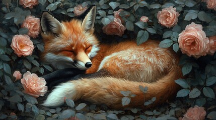 Fototapeta premium A Red Fox Sleeping Amongst Peach Roses