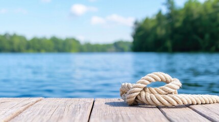 Fototapeta premium Lakeside rope knot on dock, tranquil waters, summer day
