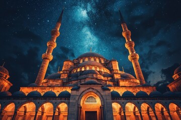 Ramadan or islam concept. Suleymaniye Mosque and the Milky Way. Laylat al-qadr or kadir gecesi with generative ai