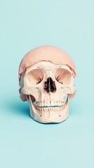 Anatomical human skull model on a light blue background, showcasing detailed features for educational use