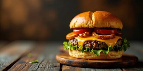 Juicy grilled beef patty cheeseburger on a rustic wooden board with melted cheese, caramelized onions, and fresh lettuce