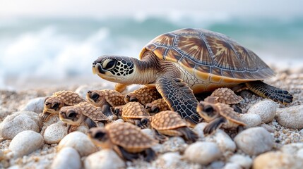 Obraz premium Sea turtle protecting hatchlings on sandy beach with ocean waves in the background at sunrise
