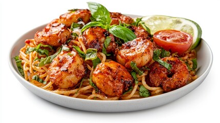 Fototapeta premium Delicious shrimp pasta dish kitchen food photography bright lighting close-up culinary art