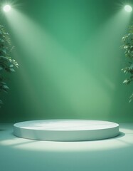 Minimalist Green Podium with Spotlight and Foliage for Product Presentation