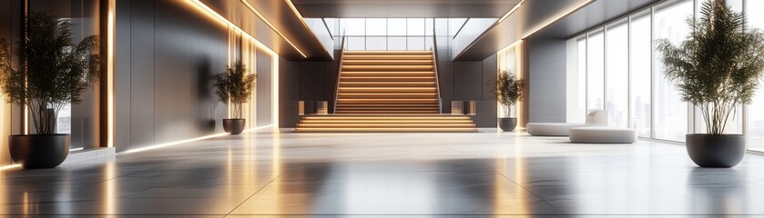 A modern interior space featuring stylish stairs, large windows, and indoor plants, creating a bright and inviting atmosphere.
