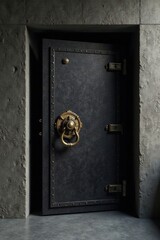 A Dark Metal Door with Ornate Brass Hardware, Partially Open, Set within a Rough Concrete Frame