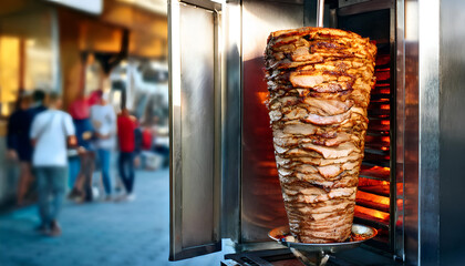 Meat is fried for shawarma, street background