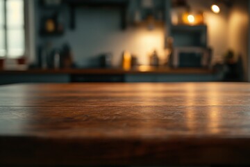 Wooden table in a modern kitchen, blurred background