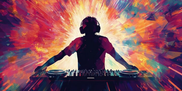 Silhouette of a dj performing with vibrant abstract background
