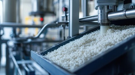 Fototapeta premium Factory automated machine filling tray with white pellets. Industrial production background