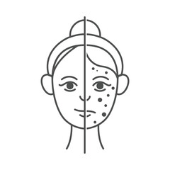 A skincare icon illustrating a before-and-after concept of facial skin improvement. The left side represents clear and healthy skin