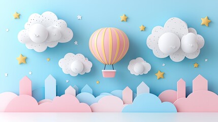 Colorful paper art scene featuring a hot air balloon among clouds and stars above a cityscape