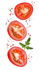 flying Sliced red tomato isolated on transparent white background, clipping path