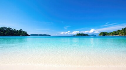 Obraz premium Serene Tropical Beach with Clear Blue Waters, Soft Sand, and Lush Green Islands in Background