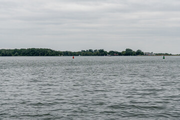 Lake Ontario water edge near downtown Toronto onto the islands across Lake Ontario