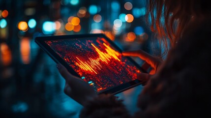 Dynamic digital interaction analyzing audio waves on a tablet device in a vibrant urban nightscape technology exploration close-up view