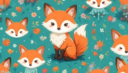 Fototapeta premium Adorable Cartoon Fox Seamless Pattern with Flowers and Cute Fox Illustrations
