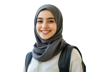 Smiling girl wearing hijab with backpack isolated on white or transparent, PNG