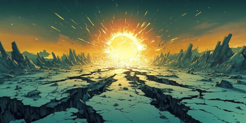 A massive explosion rips across a cracked desolate alien landscape