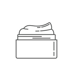 A minimalist and modern icon of an open skincare cream jar with a smooth cream texture inside. This line-art style illustration is perfect for representing beauty products,