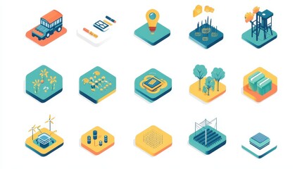 Infographic-style icon pack illustrating innovative farming technology, displaying machine learning applications, remote sensing, climate-smart agriculture, automated crop rotation.