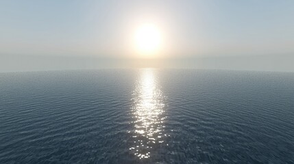 Fototapeta premium Serene sunrise over tranquil ocean waters, reflecting light with gentle waves in the distance