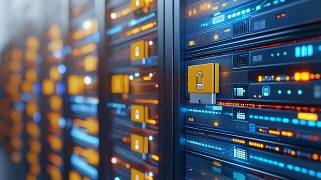 Identity Management Securing Organizing Digital Safety High-tech server room with bright interfaces.
