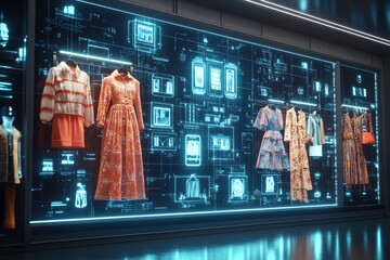 A futuristic display showcases various stylish garments, illuminated against a high-tech background with digital interfaces and fashion elements.