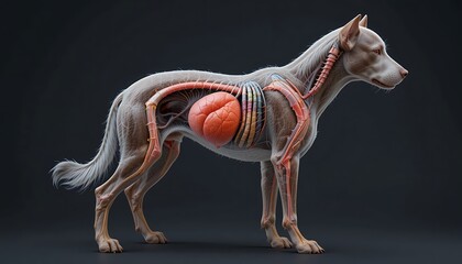 Detailed 3D Rendering of Canine Anatomy: Skeletal, Muscular, and Internal Organ Systems of a Dog