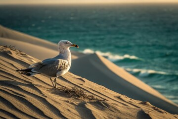 Fototapeta premium Coastal Chic: Vibrant Gull Fashion Photography - Ocean Breeze & Sun-Kissed Feathers
