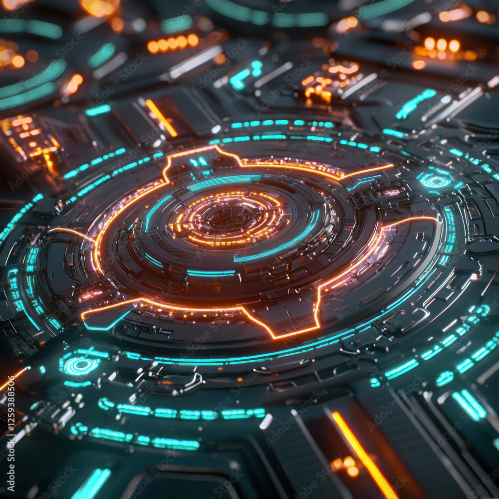 Poster advanced digital architecture connecting information nodes through glowing cyber filaments.