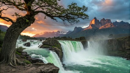 Fototapeta premium Double Exposure: Majestic Mountains Embrace Gordon's Serene Waterfall Cascade