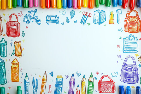 A white background with colorful markers and doodles of school icons like backpacks - Powered by Adobe