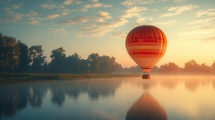 Colorful hot air balloon floating over a serene lake at sunrise with mist and trees in the background