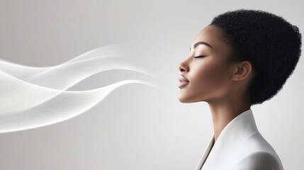 Woman inhaling fresh scent, studio, white background, fragrance ad