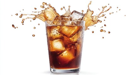 Iced cola splash, glass, studio, white background, refreshment
