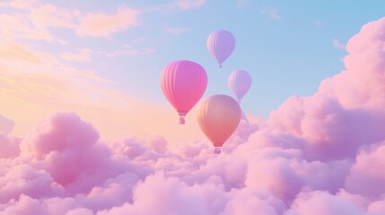 Obraz premium Pastel hot air balloons soar above dreamy sunrise cloudscape, ideal for travel or fantasy
