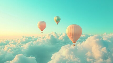 Naklejka premium Pastel hot air balloons soar above clouds at sunrise; travel poster
