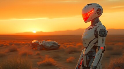 Futuristic military robot sentinel standing guard in a desert battlefield at sunset, metallic armor reflecting orange light, armed with advanced weaponry