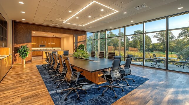 Modern conference room with large table, chairs, and windows overlooking a serene landscape