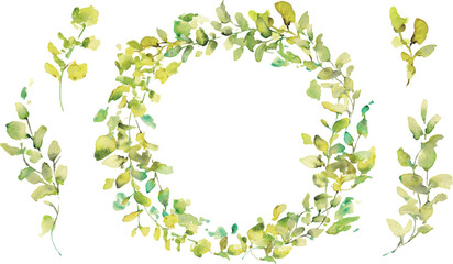 水彩画。水彩タッチのユーカリのベクターイラスト。水彩で描いた葉っぱの装飾フレーム。Watercolor painting. Vector illustration of eucalyptus with watercolor touch. Decorative frame with leaves painted in watercolor.