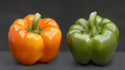 Studio shot of orange and green bell peppers on dark background