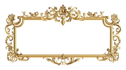 Golden ornate rectangular frame, isolated, white background, design element