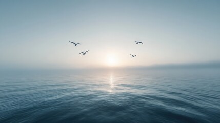 Fototapeta premium Calm ocean sunrise with birds; misty sea, peaceful scene; website header
