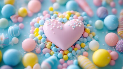 Obraz premium Pastel heart candy dessert, sprinkles, blue background, Valentine's Day